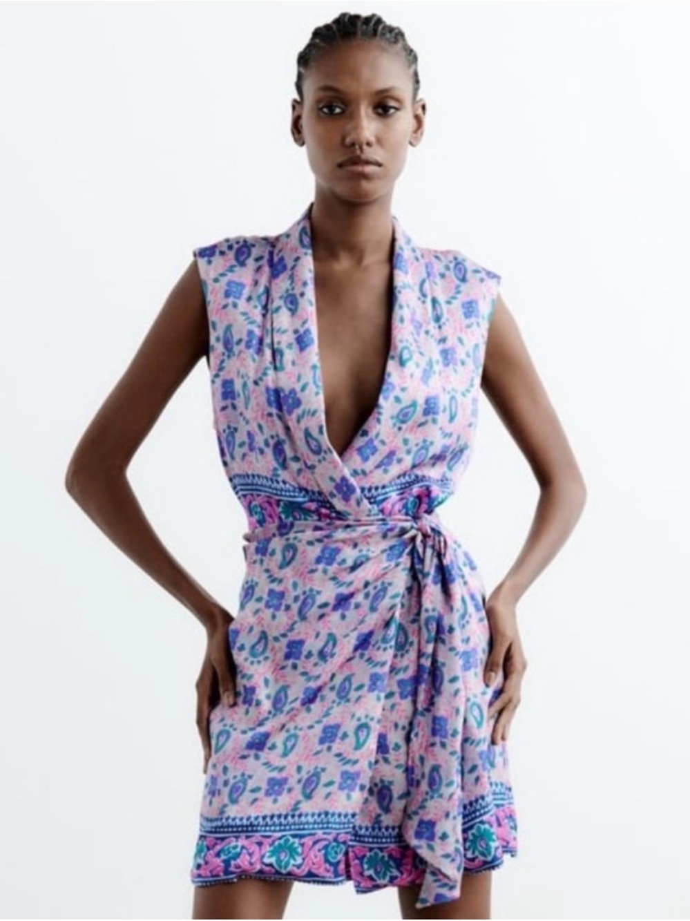 Zara Sleeveless Collared  Pink Paisley Wrap Mini Dress